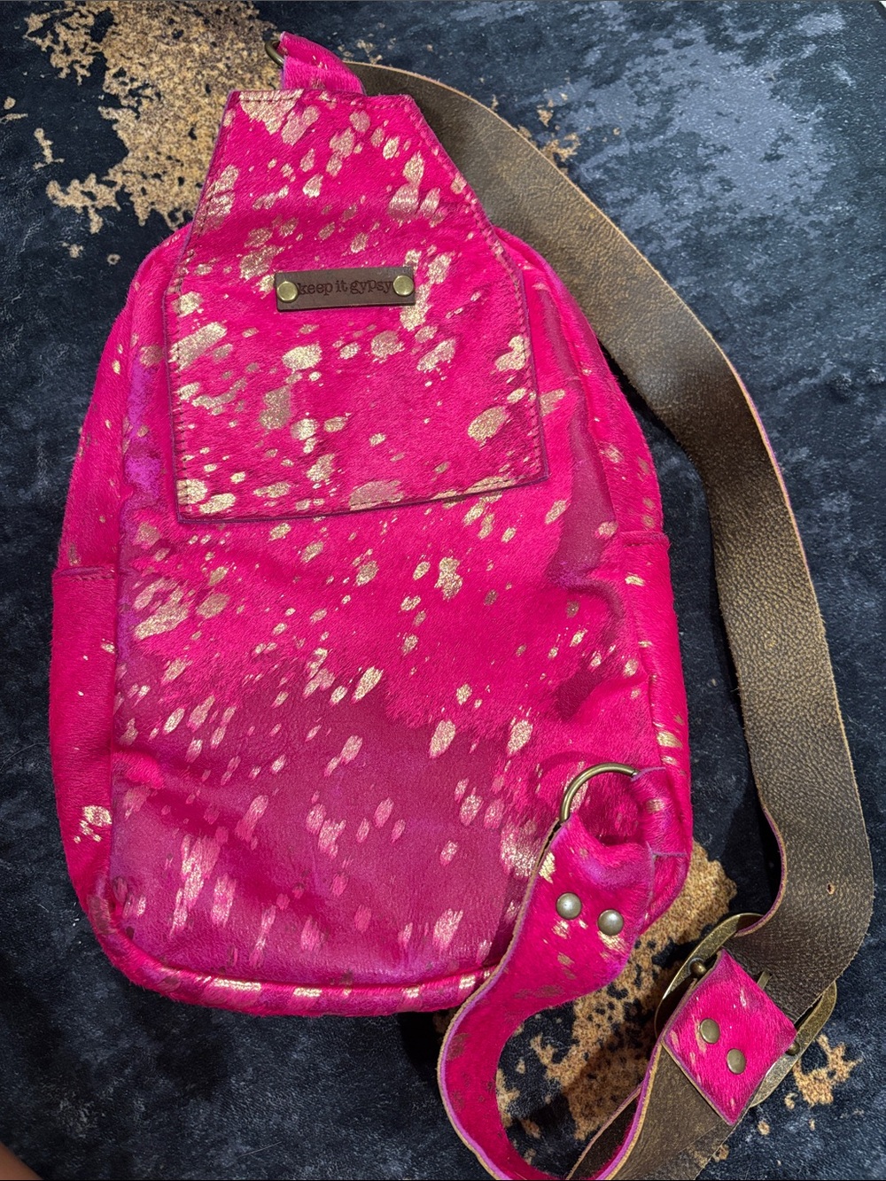 Keep It Gypsy Pink Gold Splatter Faux Fur Mini Backpack Crossbody LV Patch - Picture 2 of 6